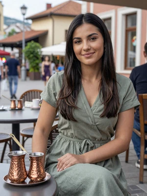 Lejla, 28-year-old Bosnian woman from Sarajevo at an outdoor cafe with warm friendly expression