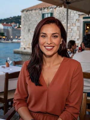 Petra, 34-year-old Croatian woman from Dubrovnik with auburn hair wearing terracotta blouse at seaside restaurant