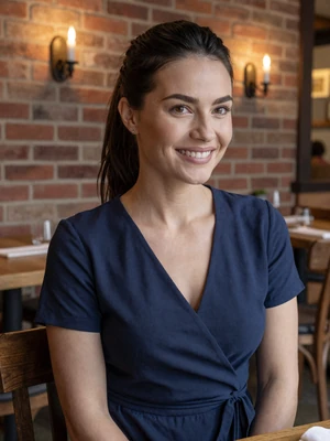 Petra, 34-year-old Slovenian woman from Celje with dark brown ponytail wearing navy wrap dress at European restaurant