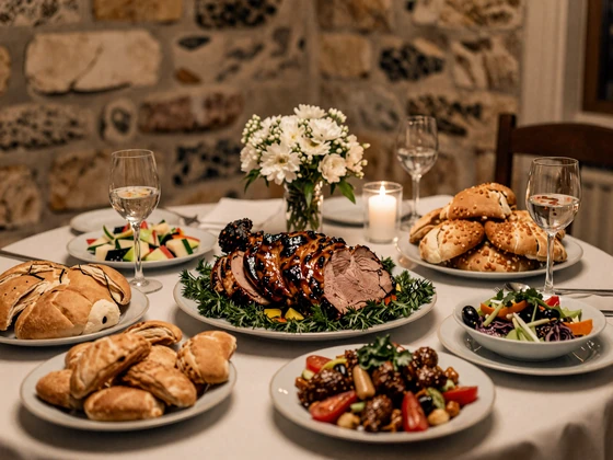 Traditional Balkan wedding feast table with roasted meats, bread, and wine showcasing balkan wedding traditions and hospitality