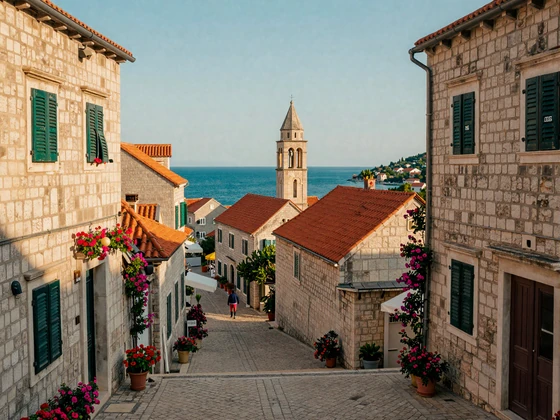 Picturesque Croatian coastal town with stone church and Adriatic Sea - popular venue for traditional Croatian wedding celebrations