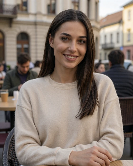 Serbian woman enjoying afternoon coffee at a Belgrade café - typical casual lifestyle of Serbian singles
