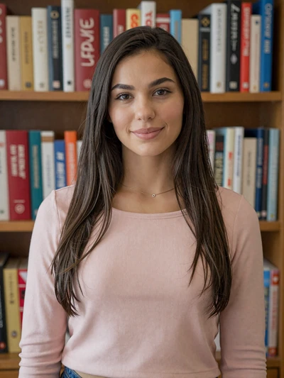 Genta, 28-year-old Albanian woman from Korçë with dark straight hair wearing light pink top