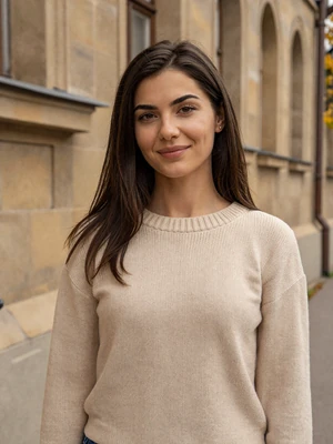 Teodora, 29-year-old Serbian woman from Novi Sad with dark brown hair and warm smile near historic stone architecture