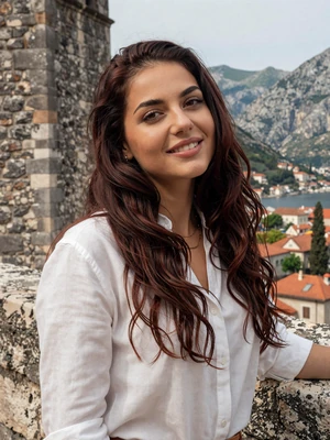 Tamara, 26-year-old Montenegrin woman from Kotor with auburn hair near medieval stone walls