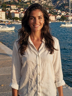 Dajana, 26-year-old Montenegrin woman from Budva with dark hair on seaside promenade by Adriatic Sea