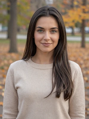 Jovana, 28-year-old Serbian woman from Belgrade with dark brown hair and green eyes in knit sweater at city park