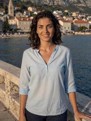 Milena, 33-year-old Montenegrin woman from Budva wearing blue blouse on Adriatic coast promenade