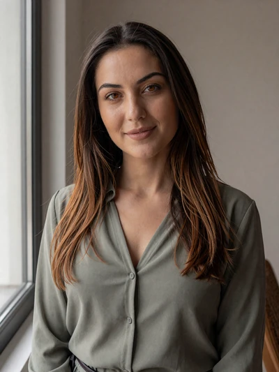 Flutura, 31-year-old Albanian woman from Tirana with auburn-highlighted hair in sage green blouse