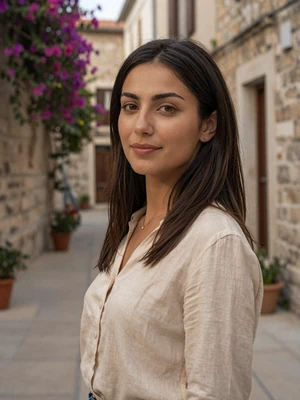 Elona, 27-year-old Albanian woman from Vlorë with dark hair and warm smile in Mediterranean setting