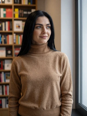 Aleksandra, 27-year-old Serbian woman from Belgrade with black hair and gray eyes in camel turtleneck at bookstore