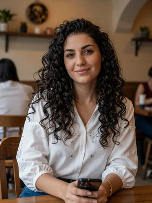 Simona, 28-year-old Macedonian woman from Skopje with curly black hair in traditional old bazaar cafe