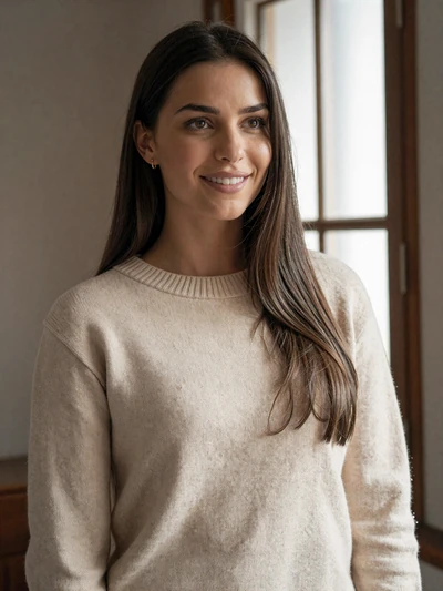 Elira, 29-year-old Albanian woman from Tirana with long dark hair and cream sweater seeking genuine relationship