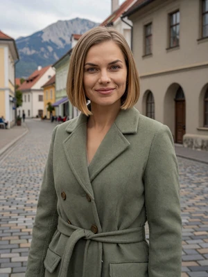 Špela, 33-year-old Slovenian woman from Kranj with dark blonde bob wearing sage green coat in Alpine town