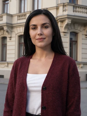 Katarina, 36-year-old Serbian woman from Subotica with dark hair wearing burgundy cardigan near Art Nouveau building