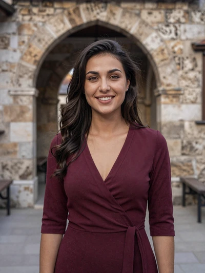 Aida, 27-year-old Bosnian woman from Sarajevo with dark wavy hair near historic stone archway
