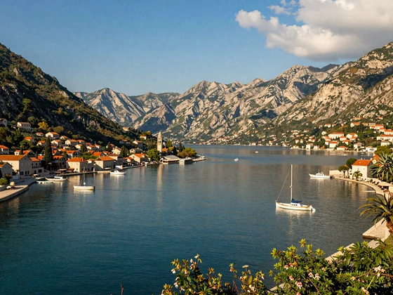 Bay of Kotor panoramic view with turquoise water and medieval town - romantic meeting spot for Montenegrin singles