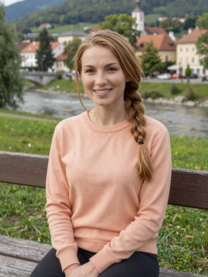 Ema, 30-year-old Slovenian woman from Novo Mesto with light auburn braided hair in peach sweater by riverside park
