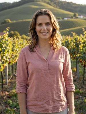 Ana, 28-year-old Slovenian woman from Maribor with honey-brown hair wearing dusty rose blouse in vineyard setting