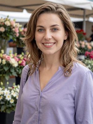 Marija, 33-year-old Serbian woman from Novi Sad with light brown hair and blue eyes at outdoor flower market