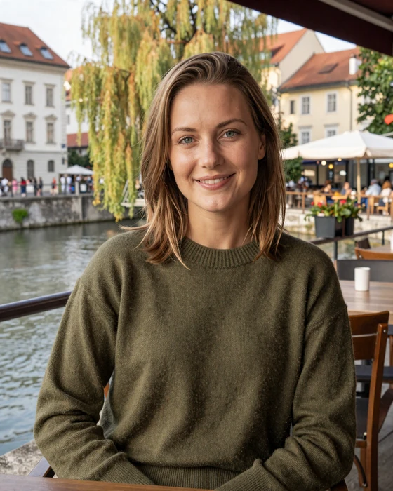 Slovenian woman enjoying afternoon coffee at a riverside café in Ljubljana, Slovenia - authentic lifestyle of educated Slovenian singles