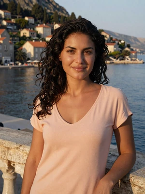 Teodora, 31-year-old Montenegrin woman from Bar with long dark wavy hair on Mediterranean coastline