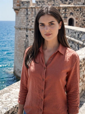 Milena, 26-year-old Montenegrin woman from Budva with dark hair near coastal fortress