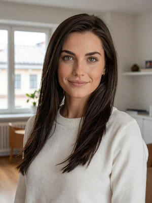 Ivana, 31-year-old Croatian woman from Zagreb with dark brown hair and green eyes wearing white cashmere sweater