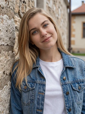Teodora, 26-year-old Serbian woman from Niš with honey blonde hair and blue eyes in casual denim jacket