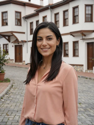 Adelina, 29-year-old Albanian woman from Berat with black hair on charming cobblestone street
