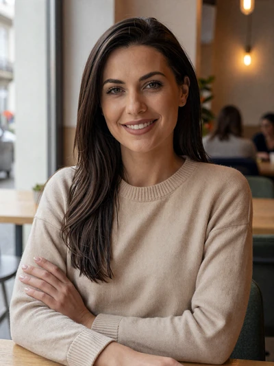 Jelena, 34-year-old Serbian woman from Belgrade smiling in a cafe - balkan dating app profile
