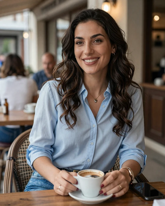 Albanian woman enjoying coffee at a café in Tirana, Albania - typical casual lifestyle of Albanian singles