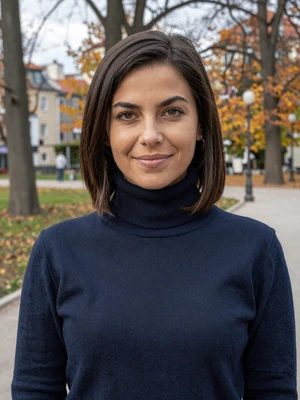 Ana, 29-year-old Croatian woman from Rijeka with dark brown hair and hazel eyes in navy turtleneck sweater