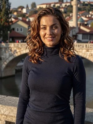 Amira, 32-year-old verified Bosnian woman from Sarajevo with green eyes near historic bridge