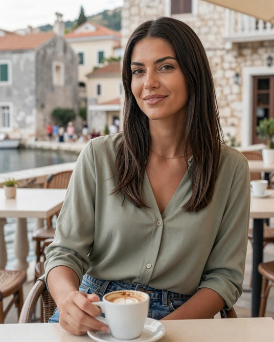 Montenegrin woman enjoying coffee at a seaside café along the Adriatic coast - casual everyday lifestyle of Montenegrin singles