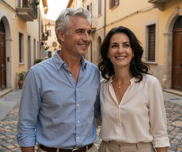 Happy mature couple enjoying a European city together after meeting through our Balkan dating platform
