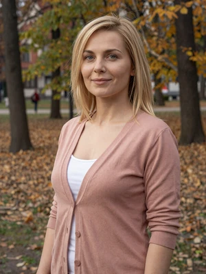 Milica, 35-year-old Serbian woman from Kragujevac with blonde hair and blue-grey eyes in autumn park setting