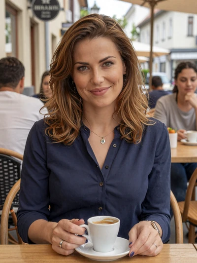 Dragana, 34-year-old Serbian woman from Novi Sad with chestnut hair at European cafe