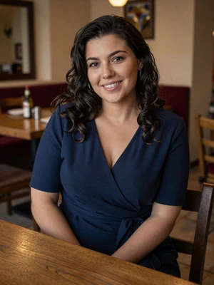 Nikolina, 31-year-old Serbian woman from Kragujevac with dark wavy hair wearing navy dress in cozy kafana