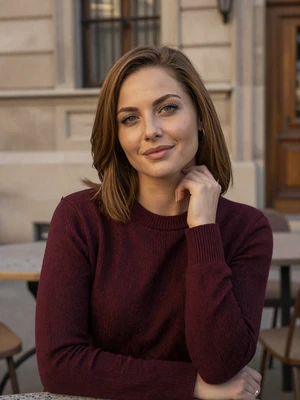 Jovana, 31-year-old Serbian woman from Niš with green eyes and chestnut hair at European cafe