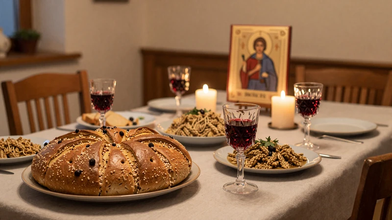 Traditional Serbian Slava celebration table with slavski kolac bread and wine symbolizing orthodox christian dating family values