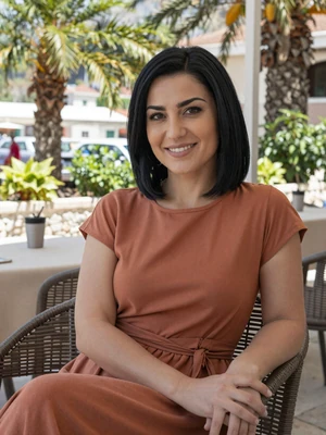 Nikolina, 35-year-old Montenegrin woman from Herceg Novi with black hair at Mediterranean café