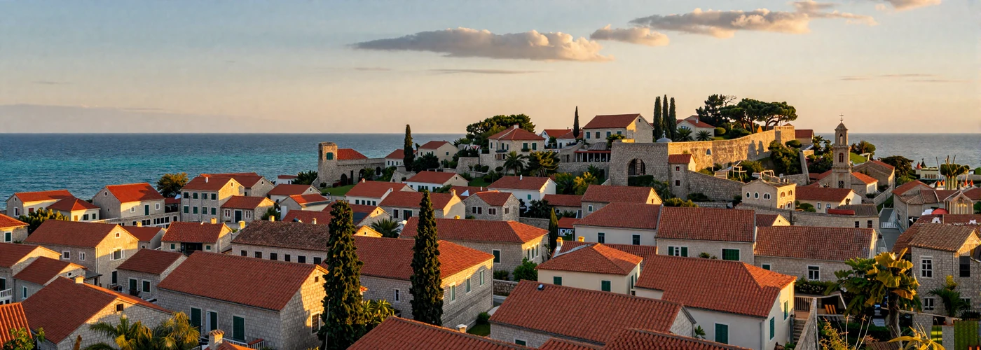Scenic Balkan coastal town at golden hour with warm Mediterranean architecture