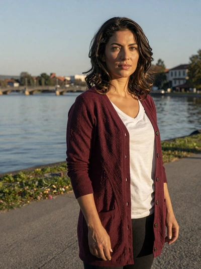 Hana, 36-year-old Albanian woman from Shkodër wearing burgundy cardigan by lakeside promenade