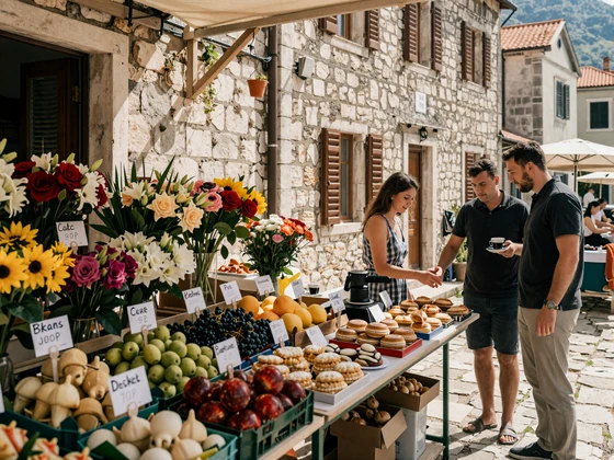 Charming Balkan street market with flowers and fresh pastries illustrating cross-cultural dating atmosphere