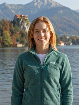 Nina, 29-year-old Slovenian woman from Bled with strawberry-blonde hair outdoors near Lake Bled mountain scenery