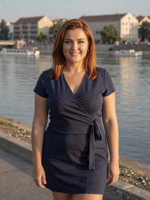 Dragana, 31-year-old Serbian woman from Belgrade with auburn hair on the Sava riverside promenade at golden hour
