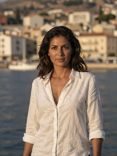 Adelina, 33-year-old Albanian woman from Durrës wearing white linen shirt on Mediterranean coast