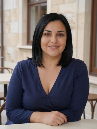 Drita, 35-year-old Albanian woman from Berat with black hair at outdoor café in historic city