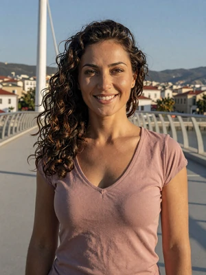 Andjela, 30-year-old Montenegrin woman from Podgorica with curly brown hair in dusty rose top